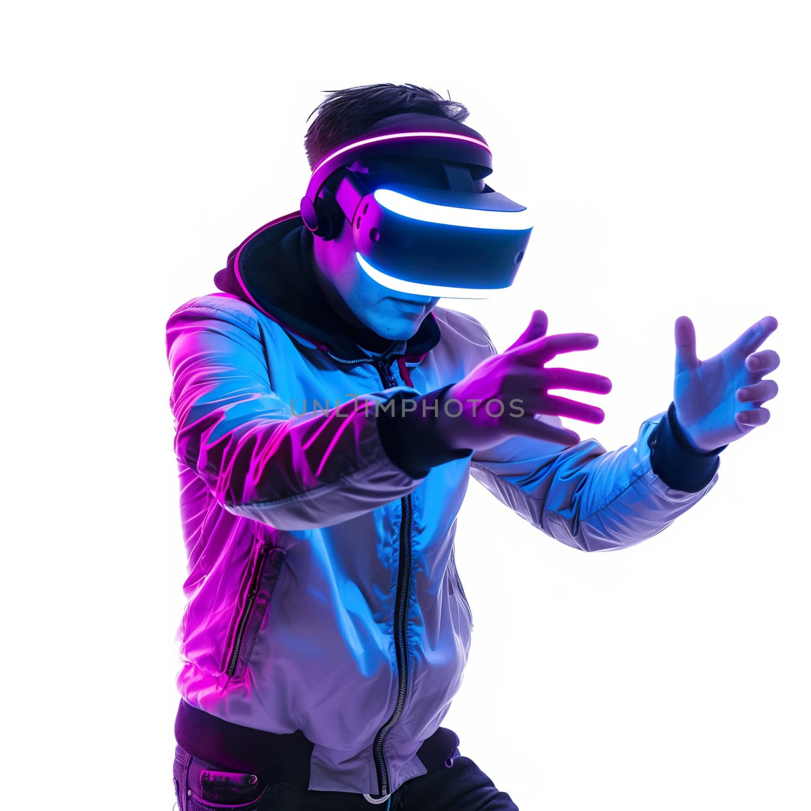 Man in VR glasses in neon lights ai generated image