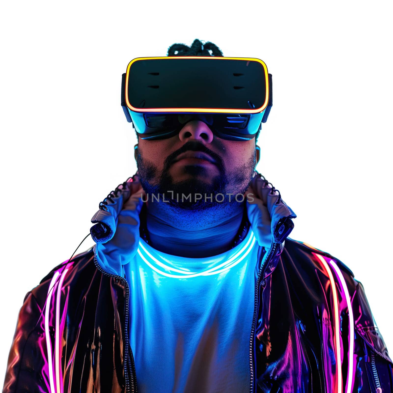 Man in VR glasses with neon lights front view by Dustick