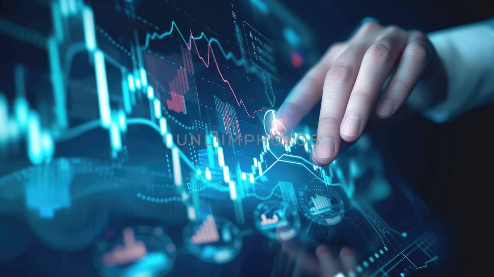 A hand points to fluctuating financial graphs on a futuristic digital interface, depicting the analysis of market trends and data. AIG41