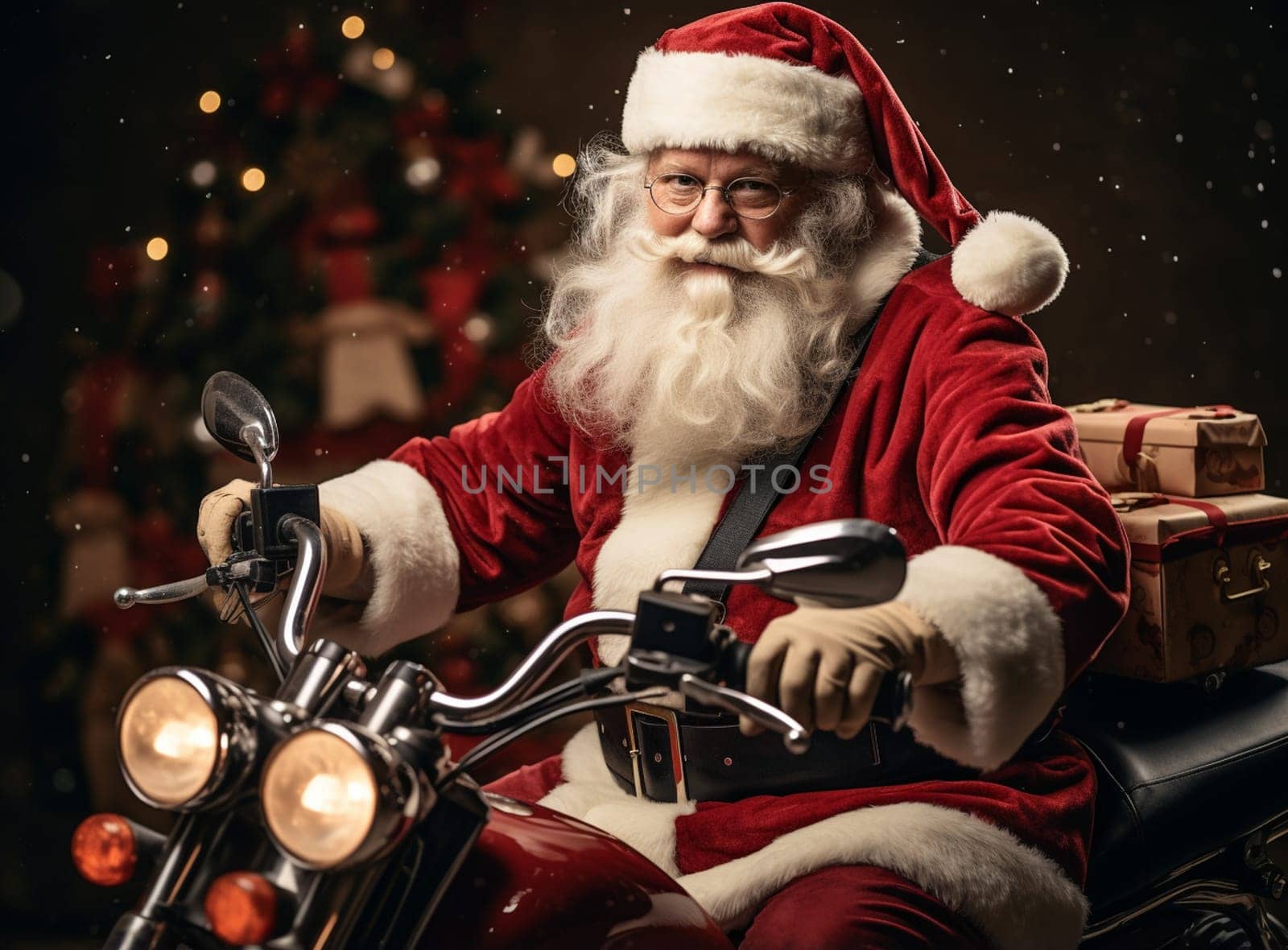 Profile side view of his he nice funny cheery white-haired St Nicholas riding moped hurry up rush delivering bringing pile stack giftboxes isolated bright vivid shine vibrant yellow color background. High quality photo