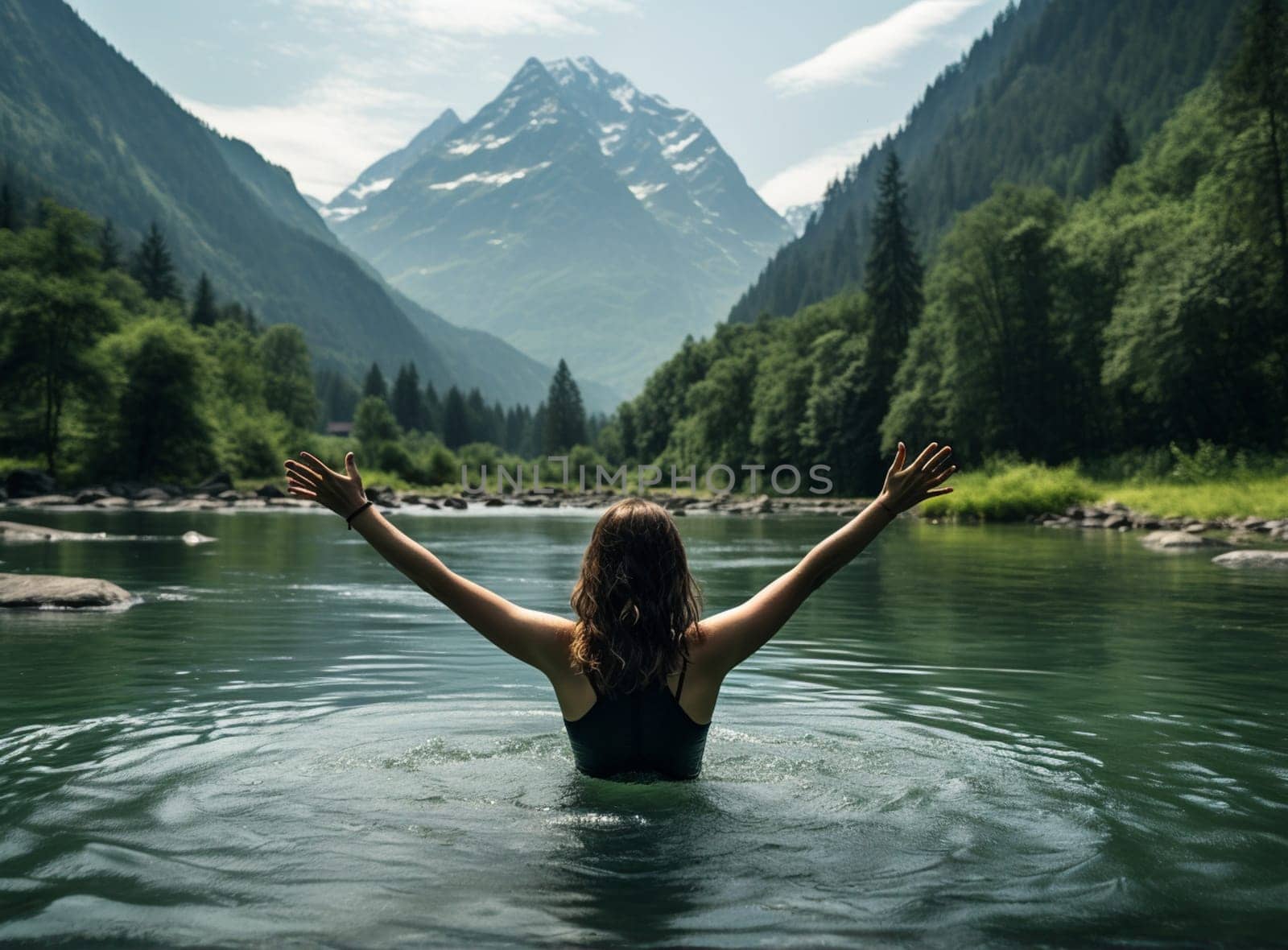girl raising her arms contemplating the lake and the mountains, Europe by Andelov13
