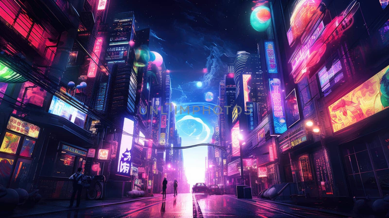 Neon Cyberpunk Cityscape with Futuristic Cars. Resplendent. by biancoblue