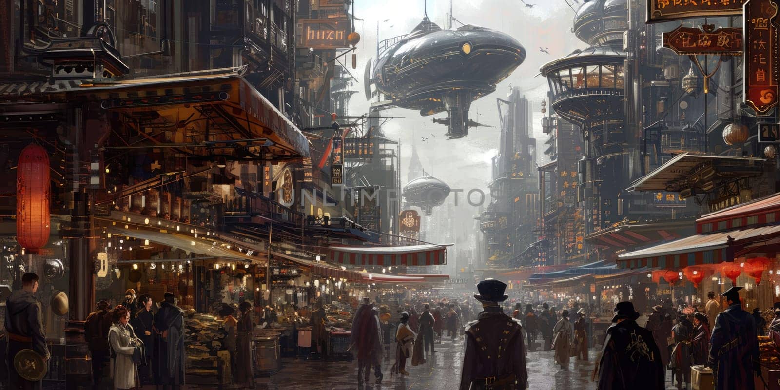 A fleet of steampunk airships hovers above a Victorian-inspired cityscape, enveloped in a golden mist at dawn. Resplendent.