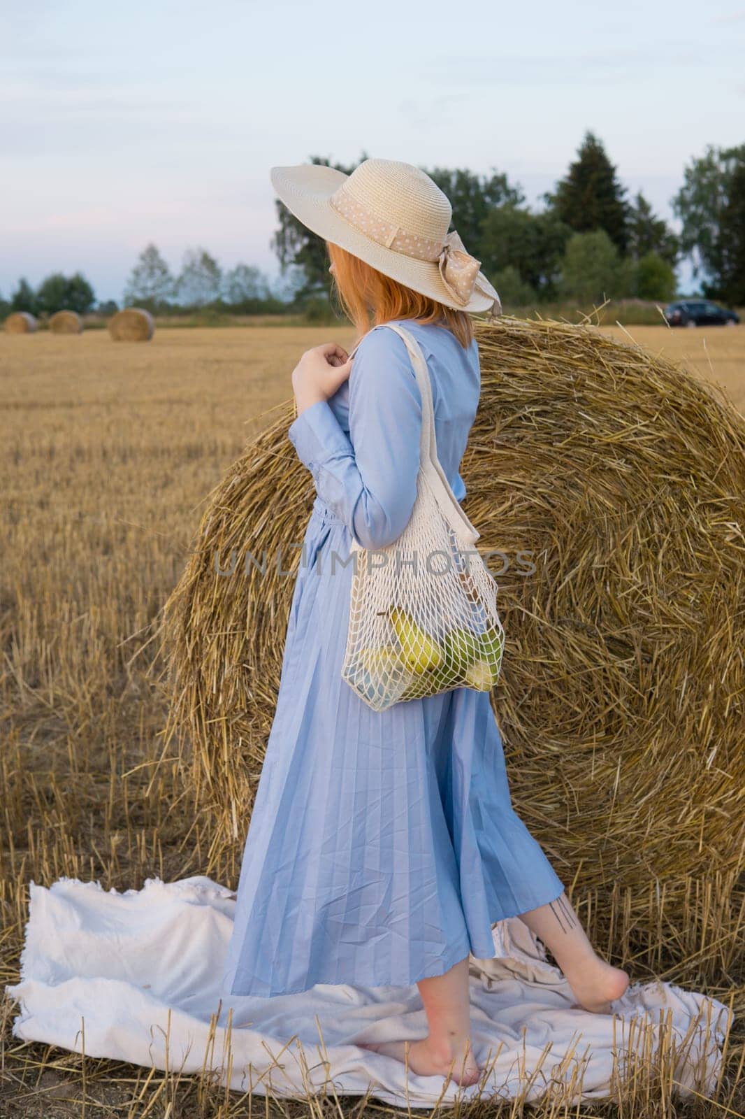 A red-haired woman in a hat and a blue dress walks in a field with haystacks