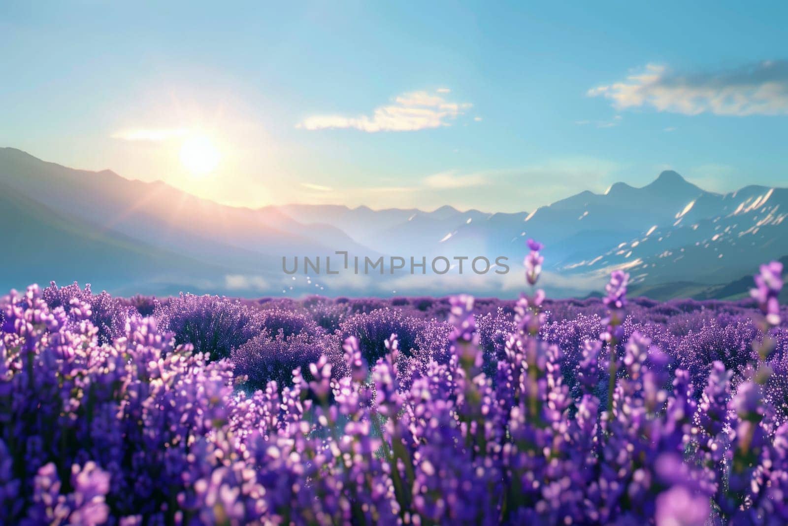 a lavender field with beautiful twilight sky .generative ai.
