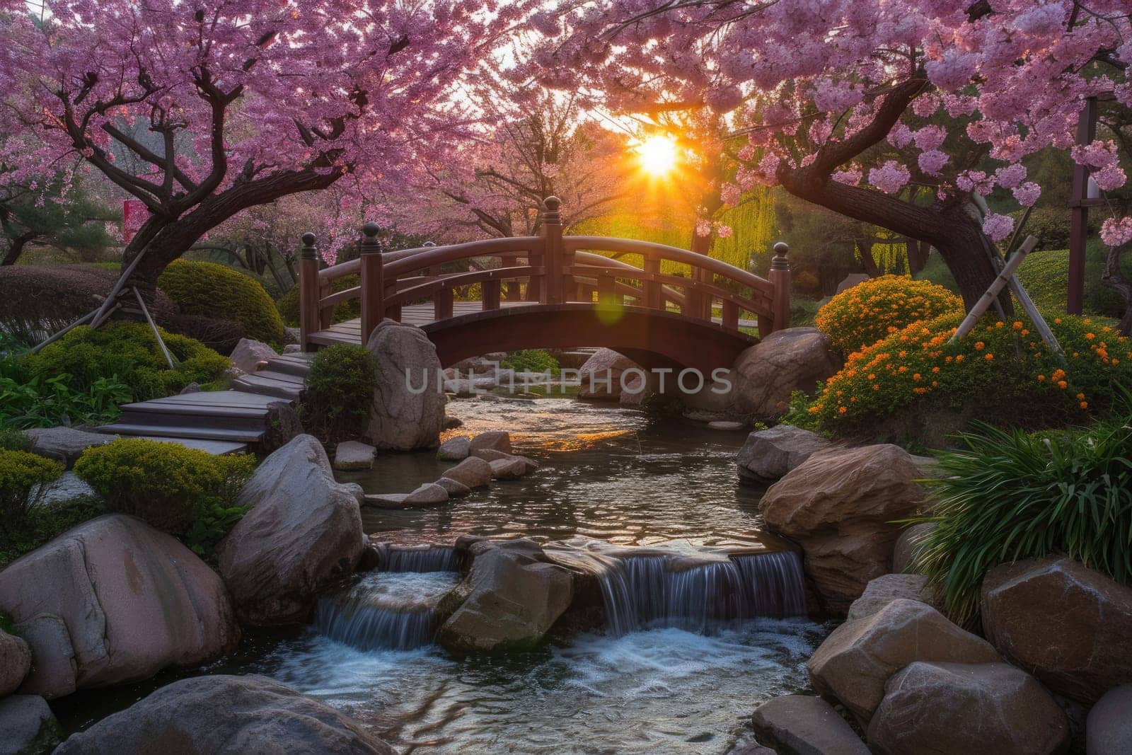 A serene Zen garden at sunrise, with a gently flowing stream, cherry blossoms in full bloom, and a quaint wooden bridge. Resplendent.
