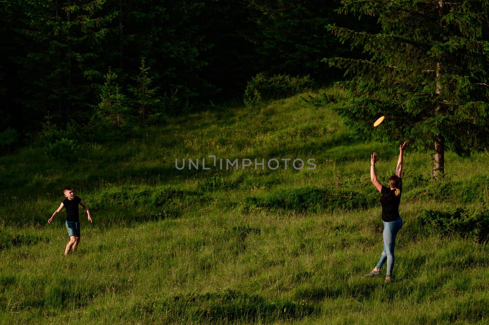 Mother and sons play frisbee, active recreation in the mountains of mothers and children.