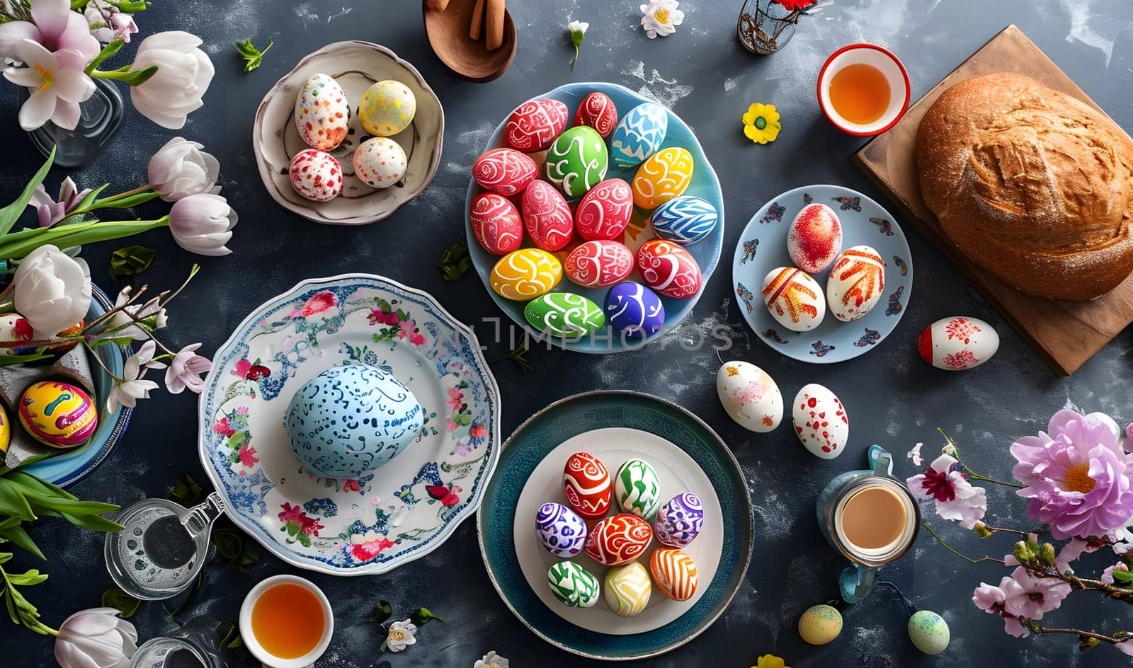 top view table with easter eggs and decoration, generative ai. High quality photo