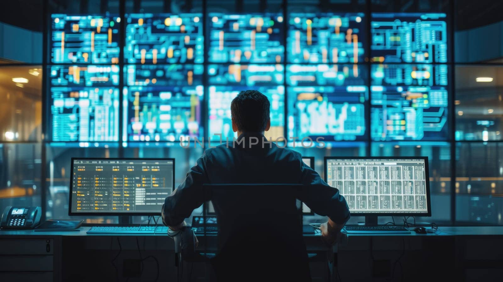 A man, wearing a hat and headphones, sits in front of a multimedia display device in a control room with an electric blue ambiance. AIG41