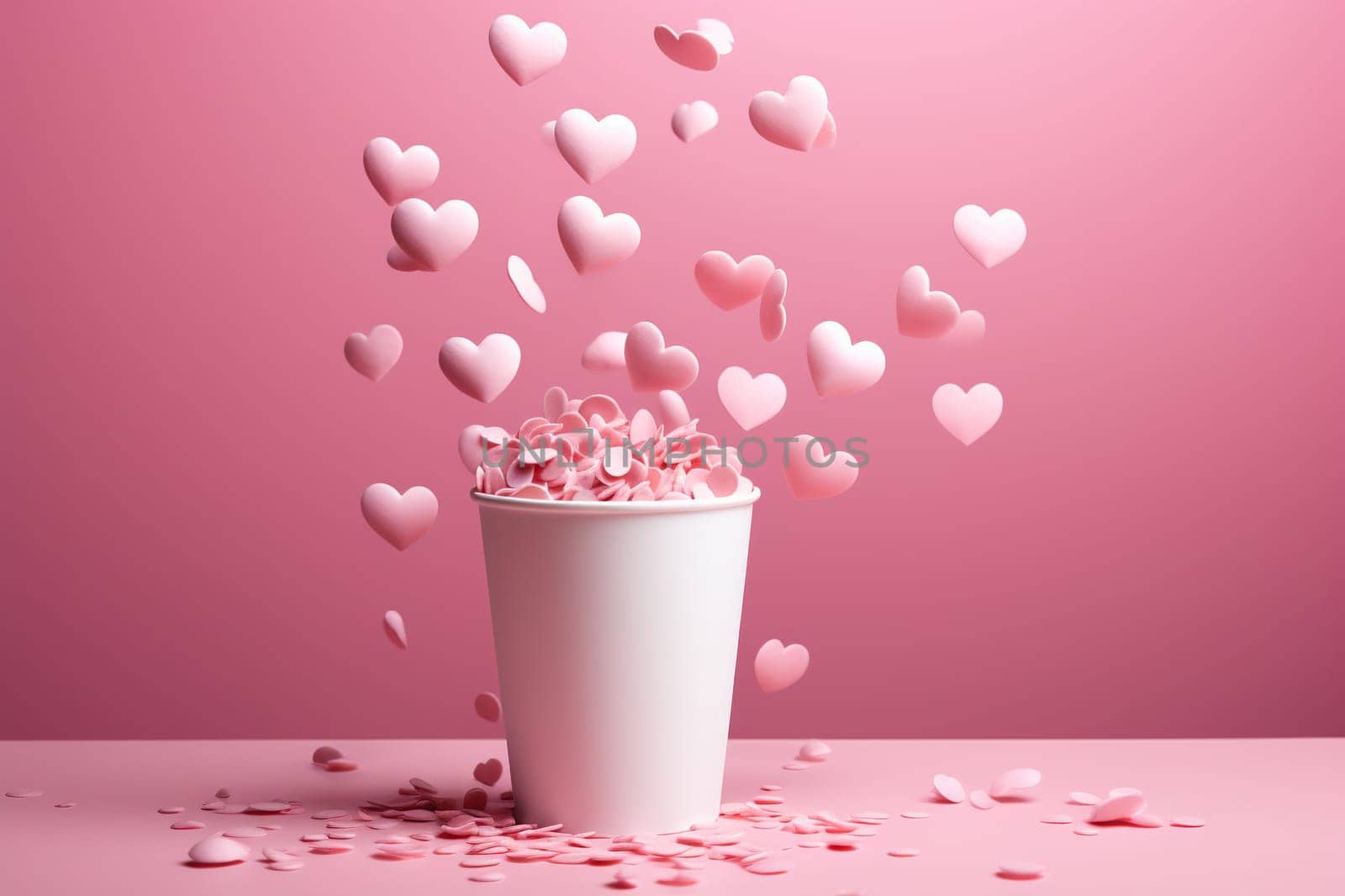 White hearts fly out of a paper cup on a pink background.