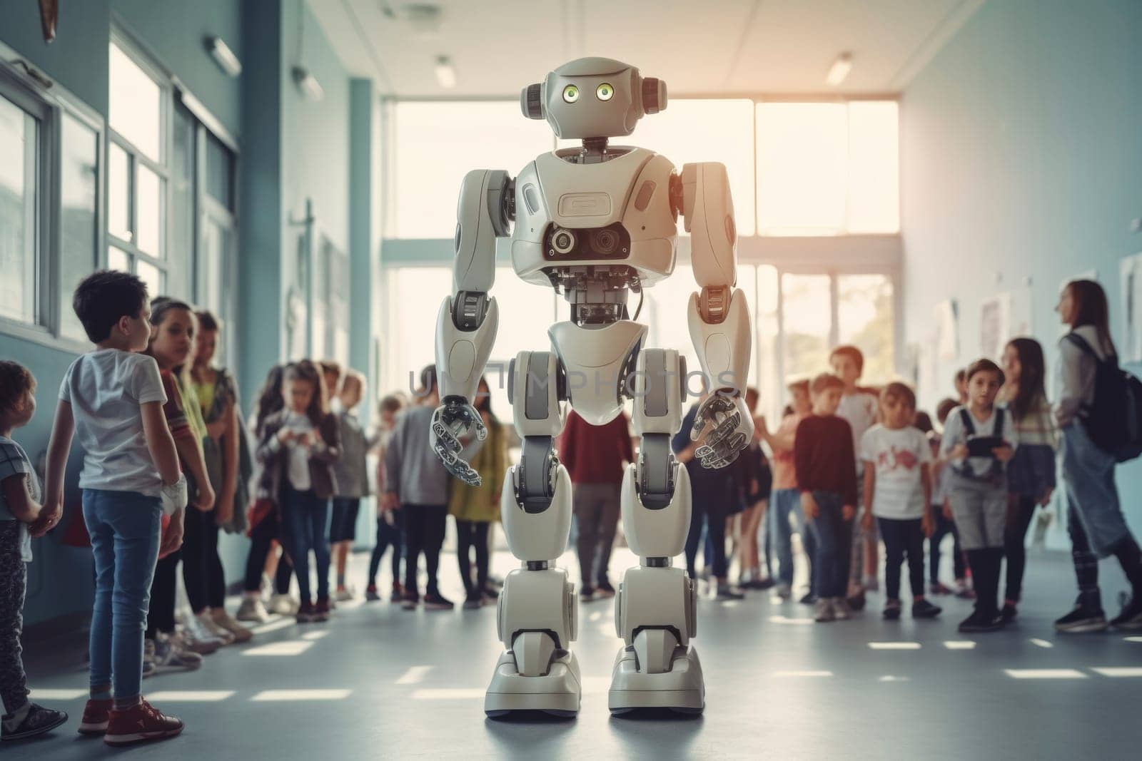 Advanced humanoid robot engaging with curious kids in a school hallway.