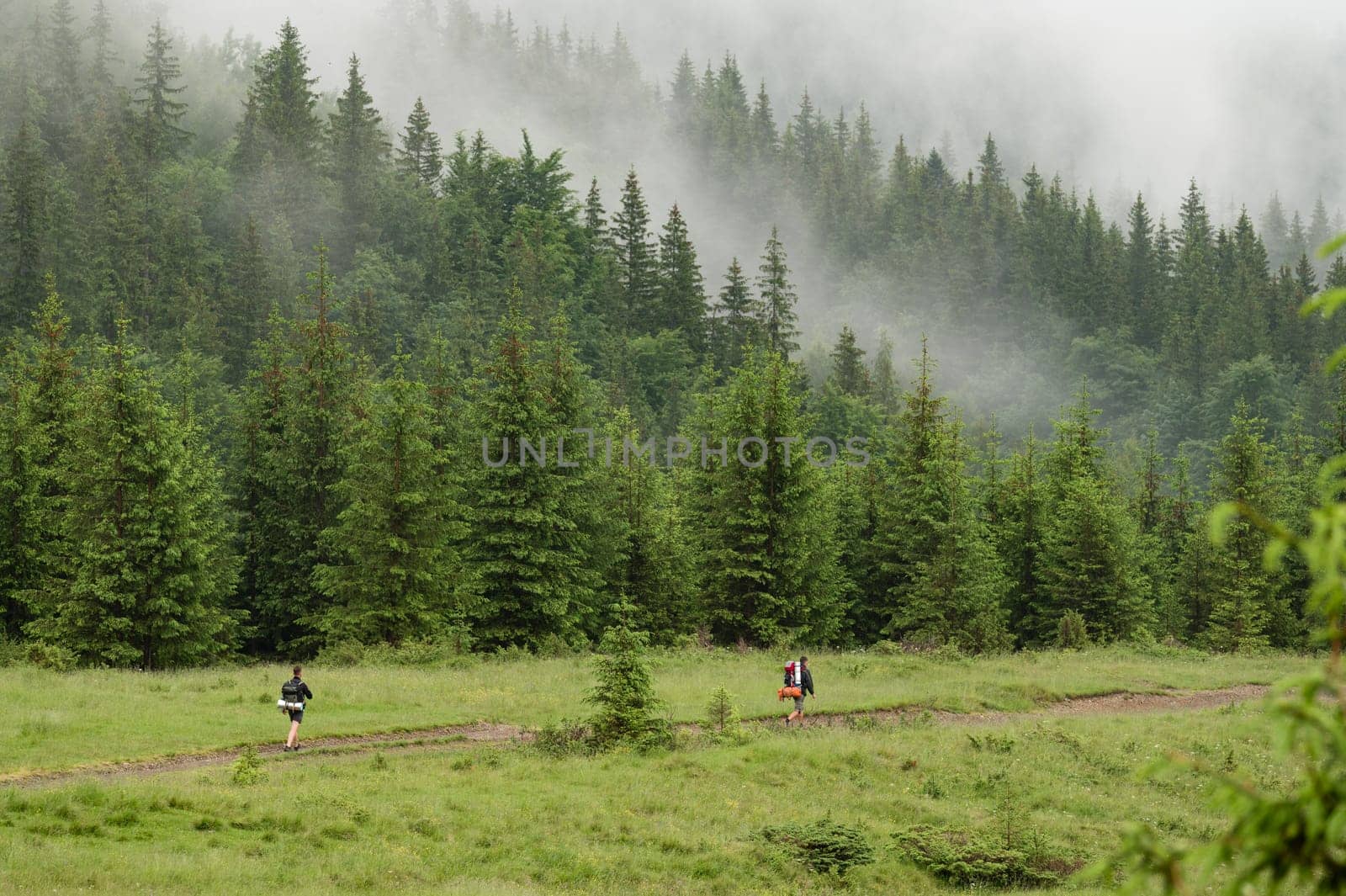 A tourist goes to the mountains in the rain and fog, unfavorable weather in the mountains for tourists.