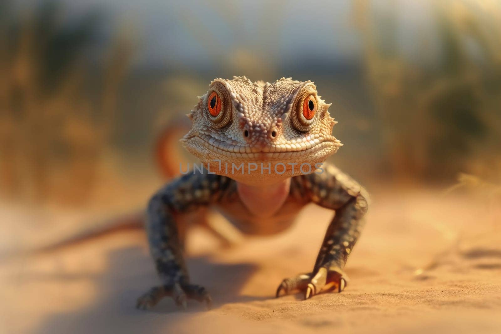 Lizard on ground, with a direct gaze into the camera lens.