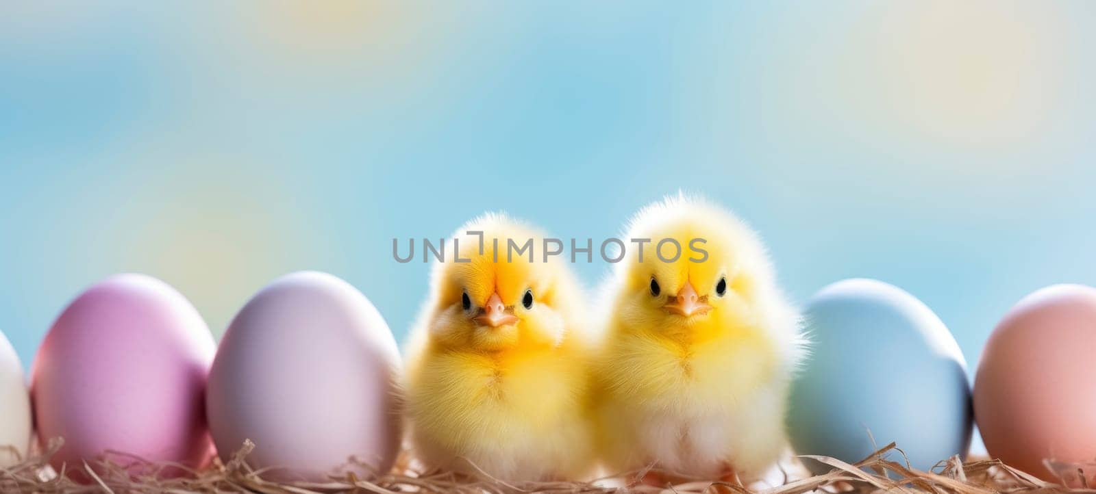 Two fluffy yellow chicks sitting beside pastel-colored Easter eggs on a gentle blue background.