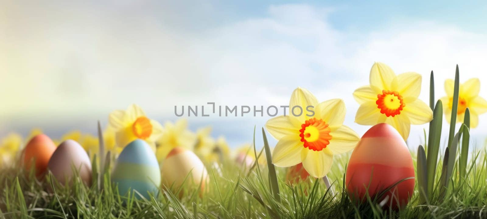 Vibrant Easter eggs nestled among fresh daffodils on a sunny grass field, symbolizing spring and renewal.