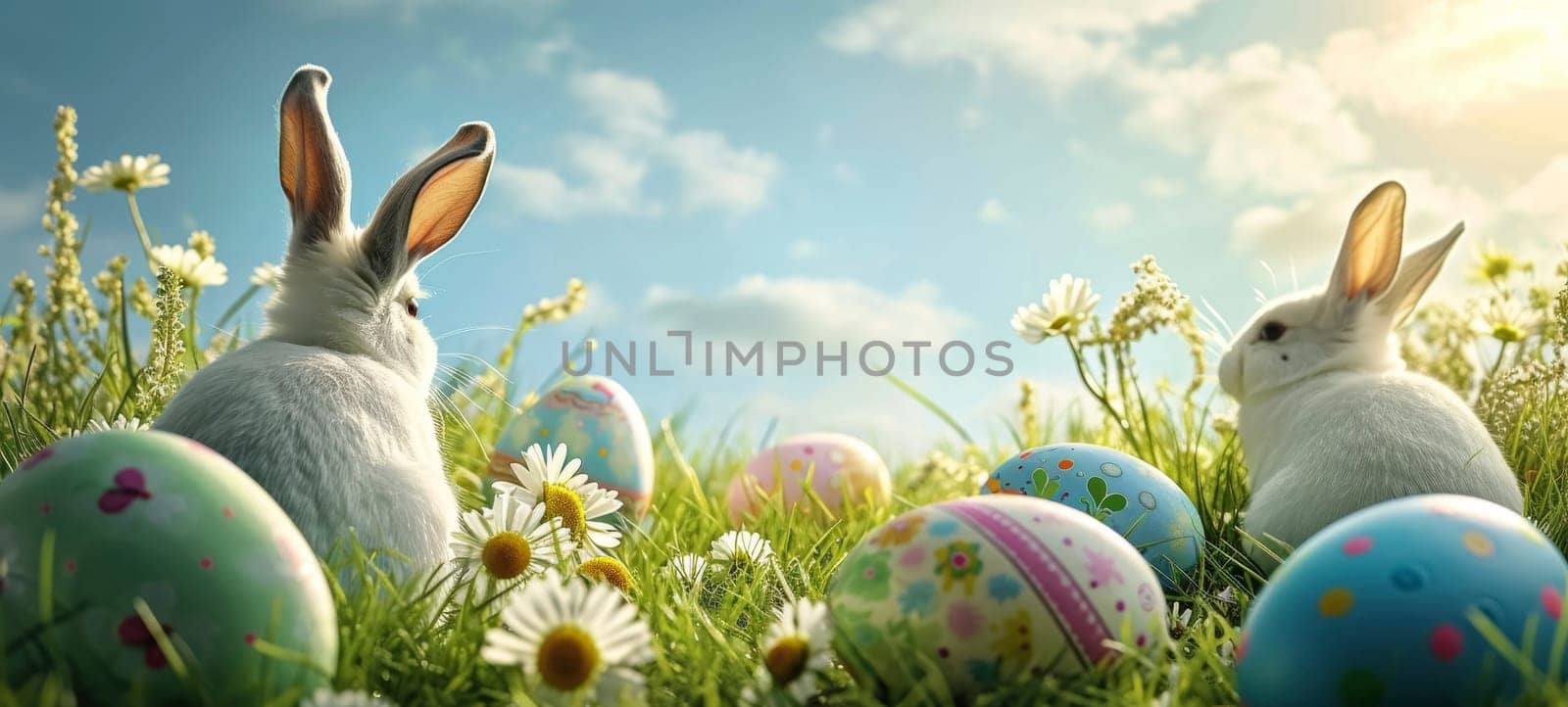 Two white bunnies with decorated Easter eggs in a sunny spring meadow.