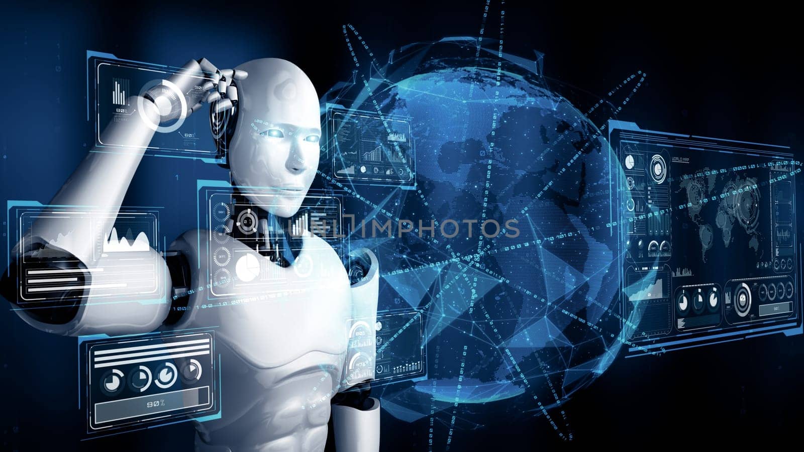XAI 3d illustration Thinking AI hominoid robot analyzing hologram screen shows concept of network global communication using artificial intelligence by machine learning process. 3D rendering computer graphic.