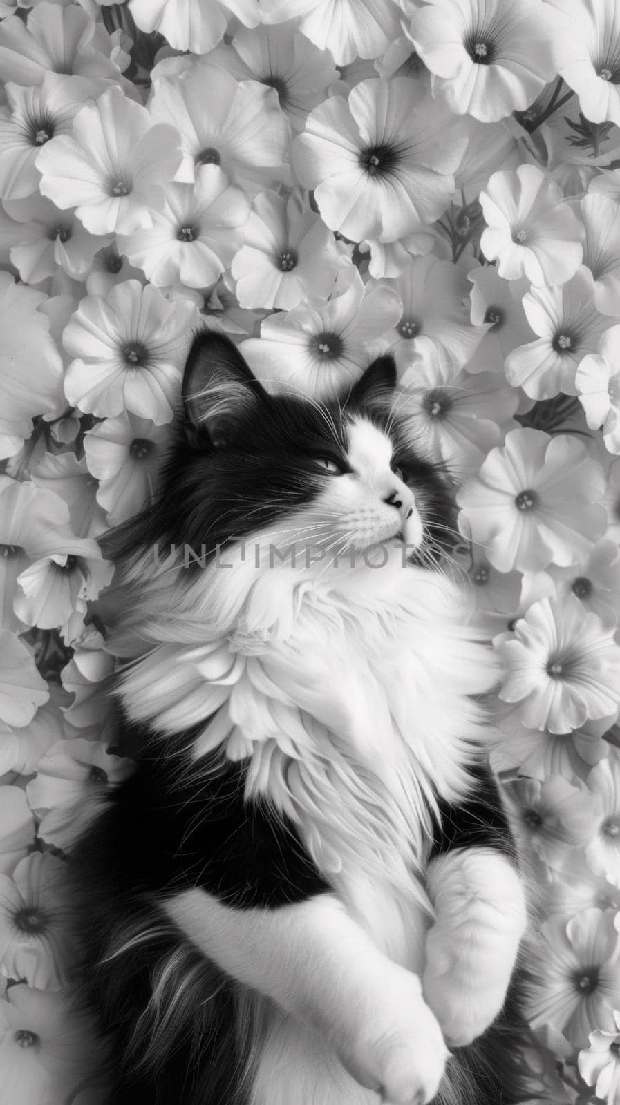 A black and white cat sitting in a field of flowers