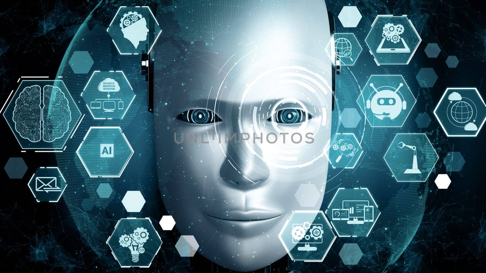 XAI 3d illustration Robot hominoid face close up with graphic concept of AI thinking brain , artificial intelligence and machine learning process for the 4th fourth industrial revolution. 3D rendering