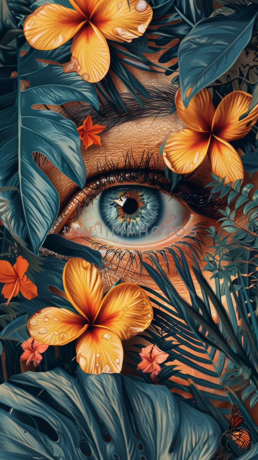 A close up of a woman's eye surrounded by tropical flowers