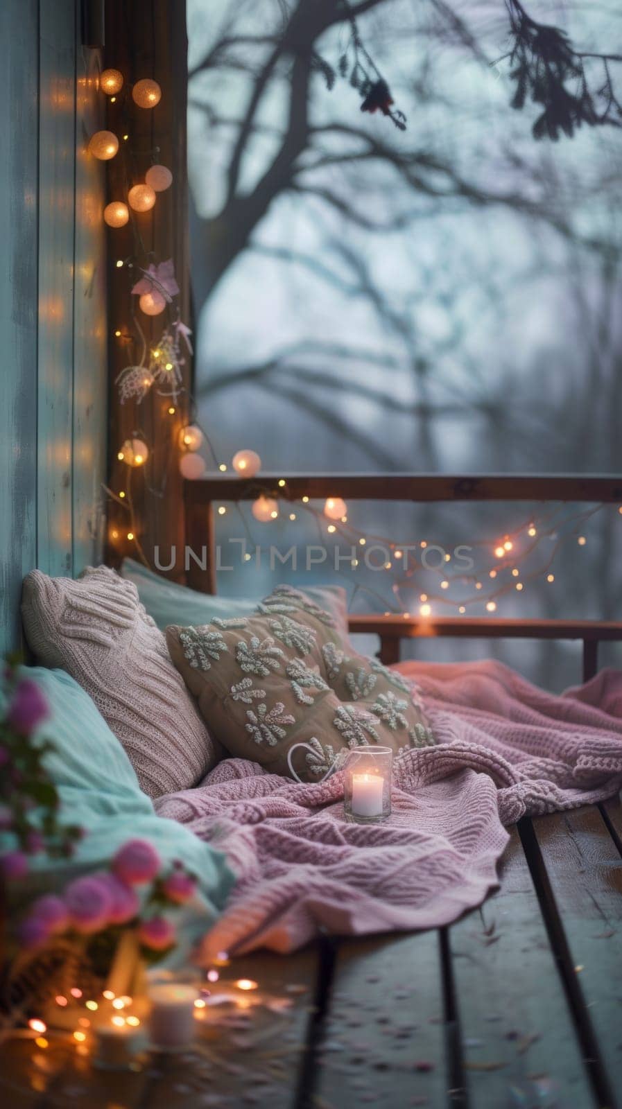 A bed with pillows and blankets on a porch covered in lights