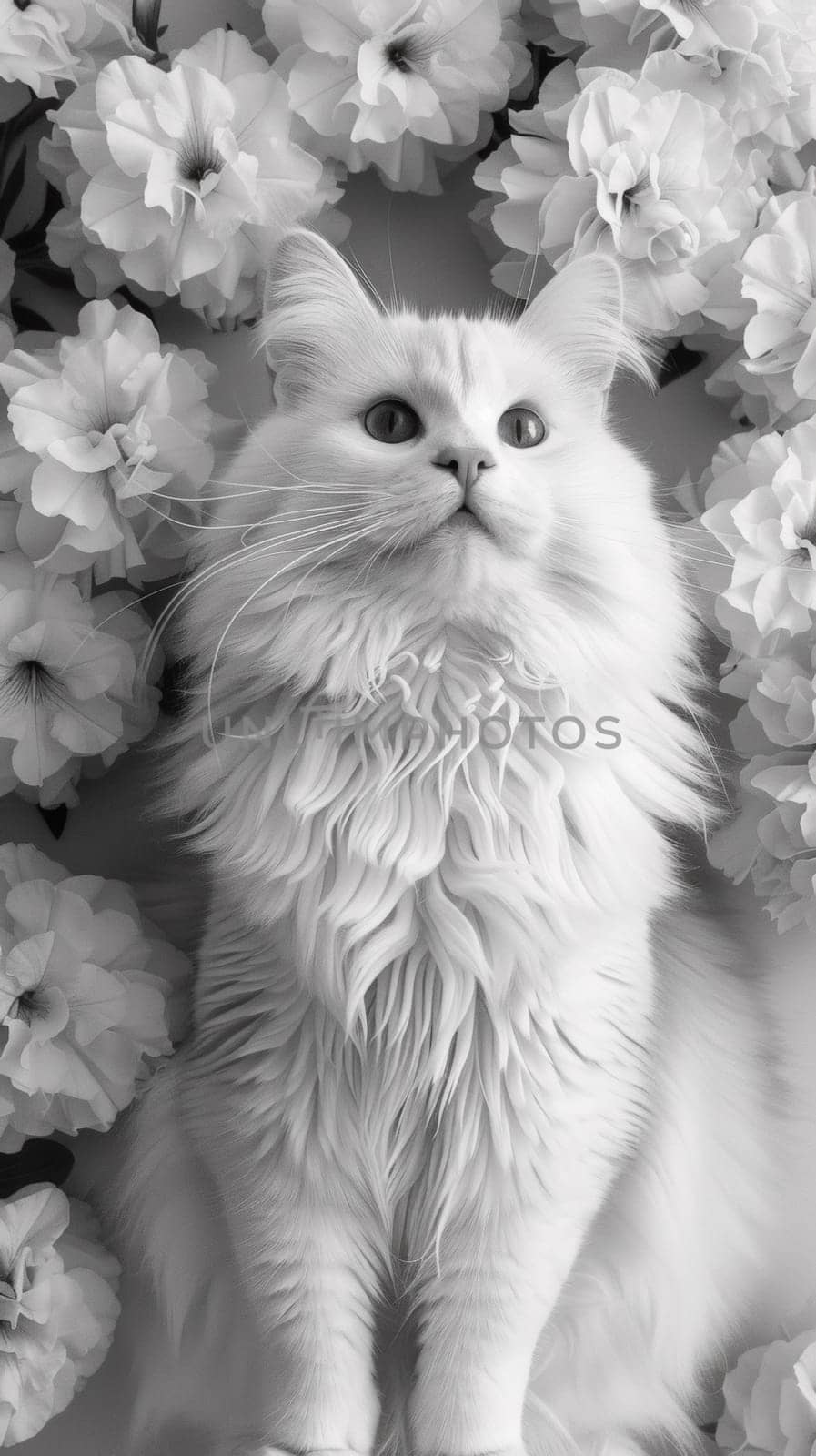 A white cat sitting in front of a bunch of flowers