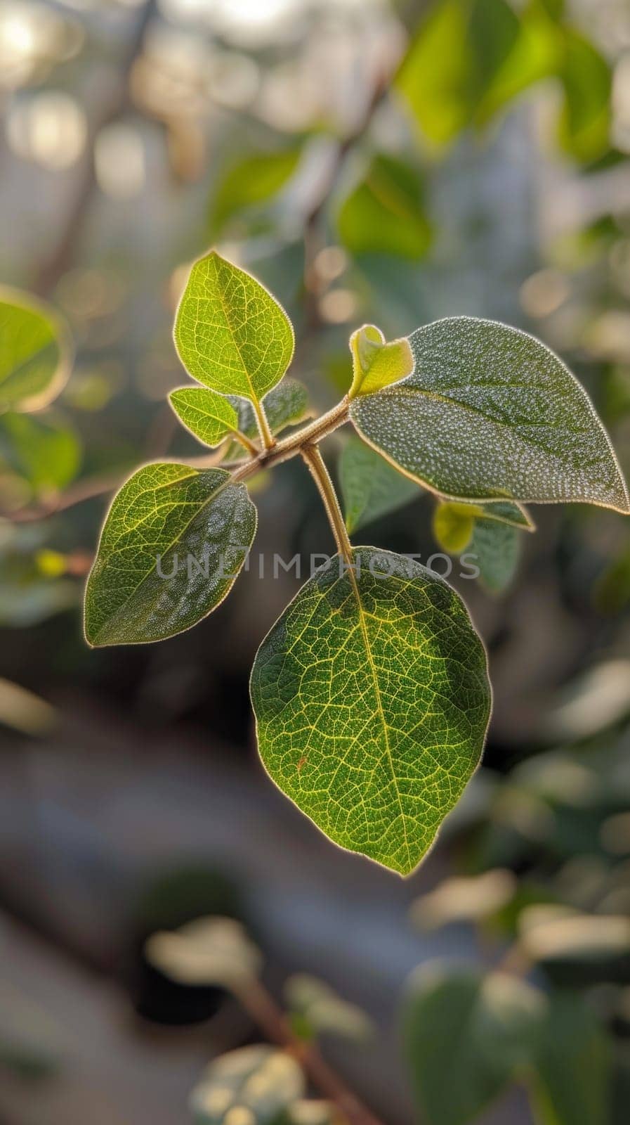 A close up of a leaf on the branch with sunlight behind it