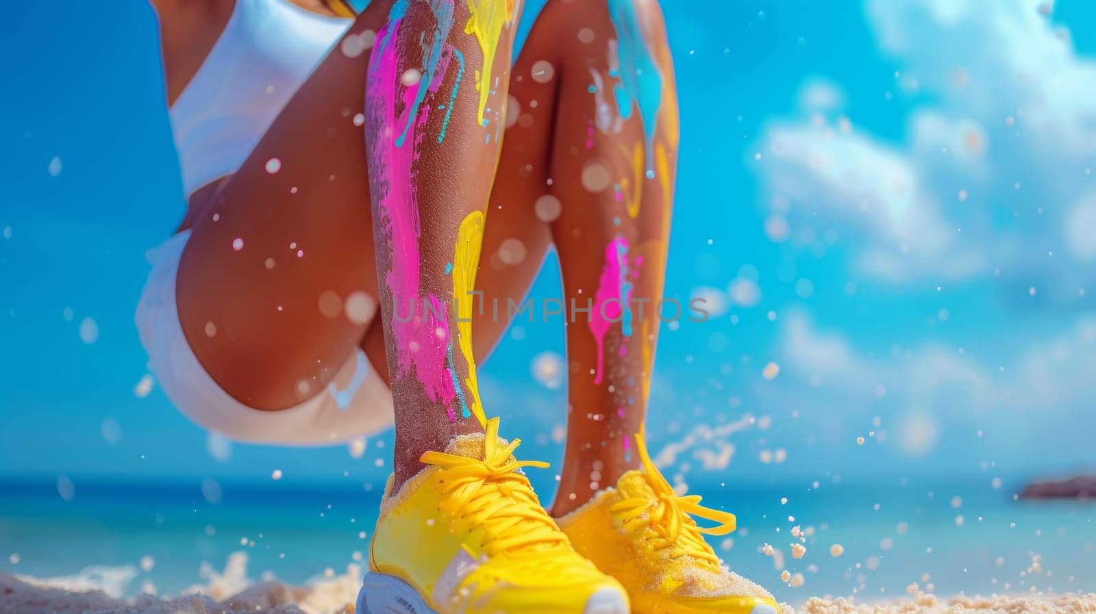 A woman in yellow sneakers with colorful paint splattered on her legs