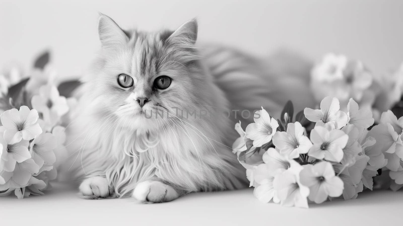 A cat sitting in a field of flowers with some white ones