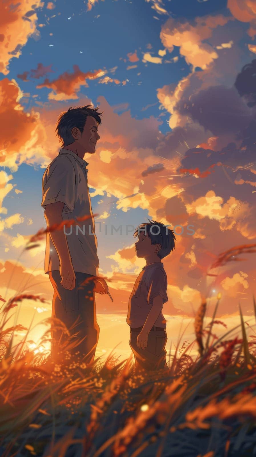 A man and boy standing in a field with the sun setting