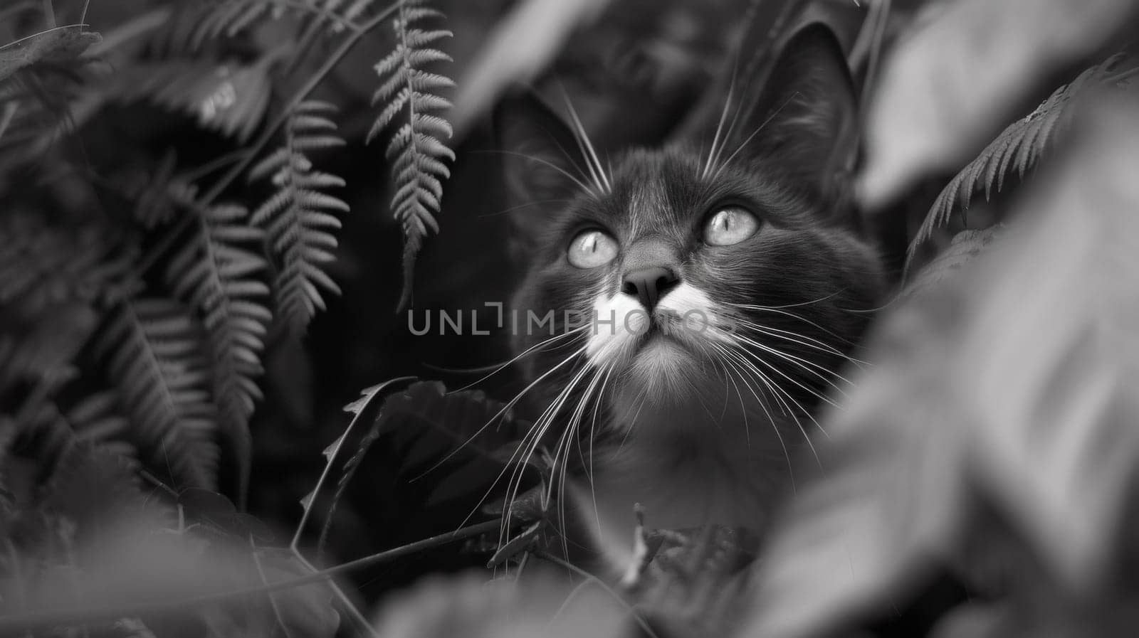 A black and white photo of a cat looking up through the leaves