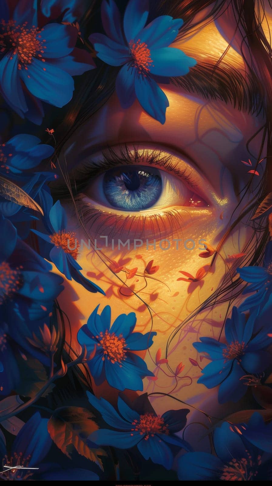 A close up of a woman's face surrounded by blue flowers