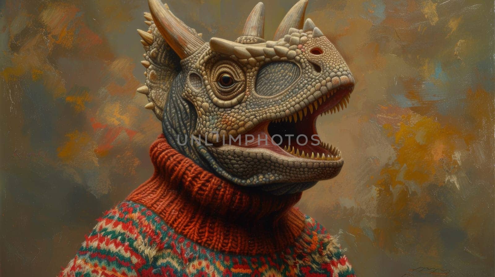 A painting of a dinosaur wearing an ugly sweater and horns