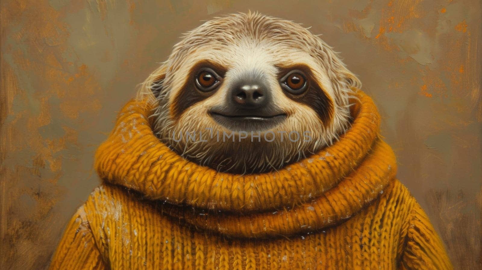 A painting of a sloth wearing an orange sweater