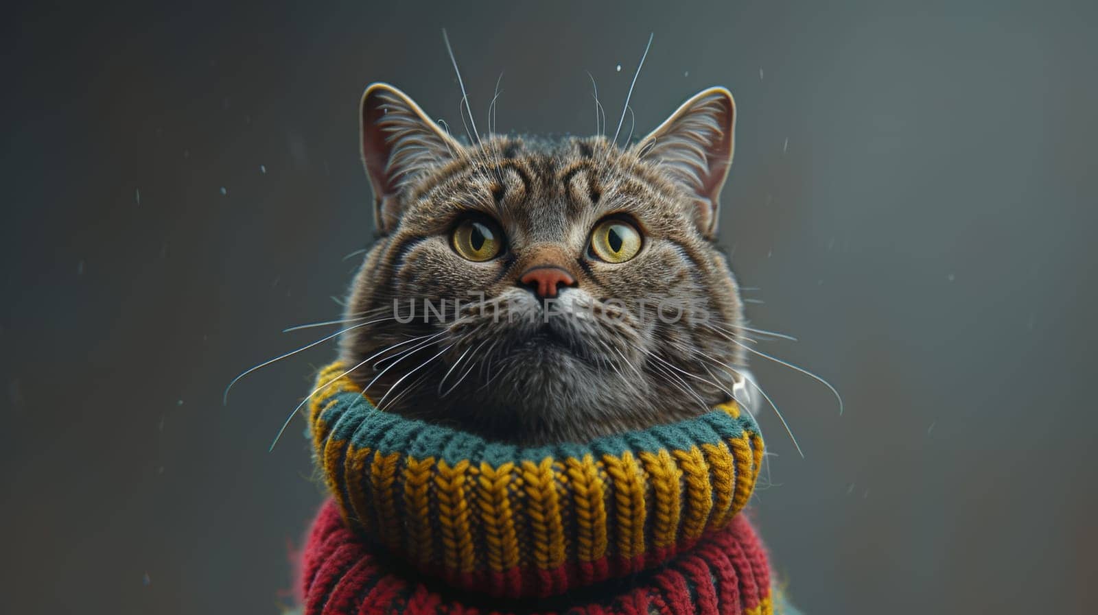 A cat wearing a colorful scarf with an angry expression