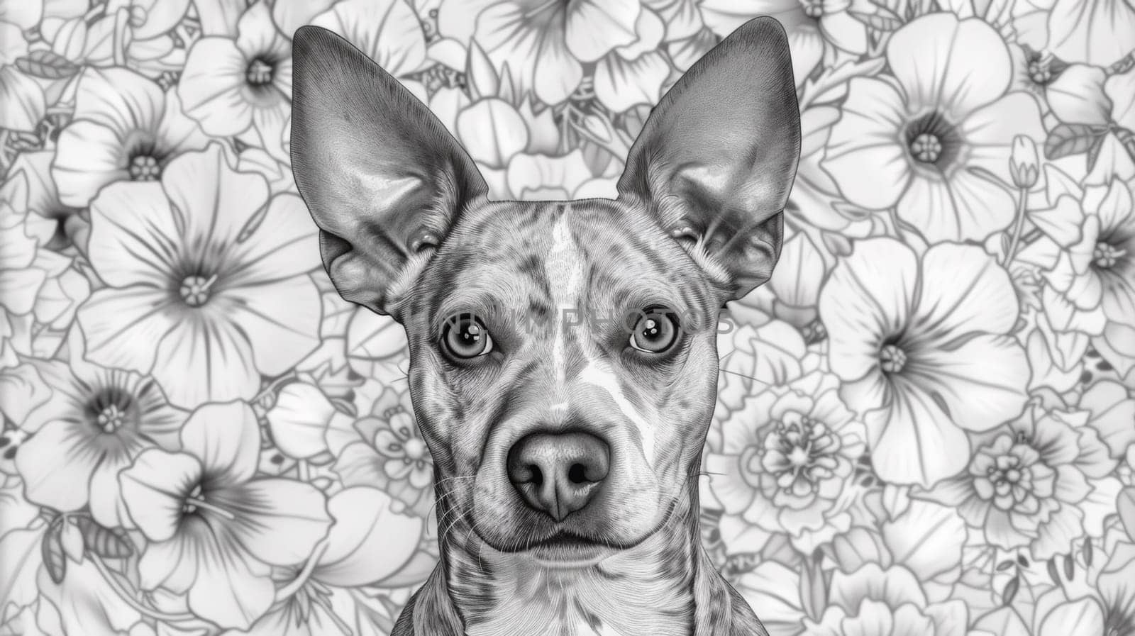 A dog is in front of a floral background with flowers