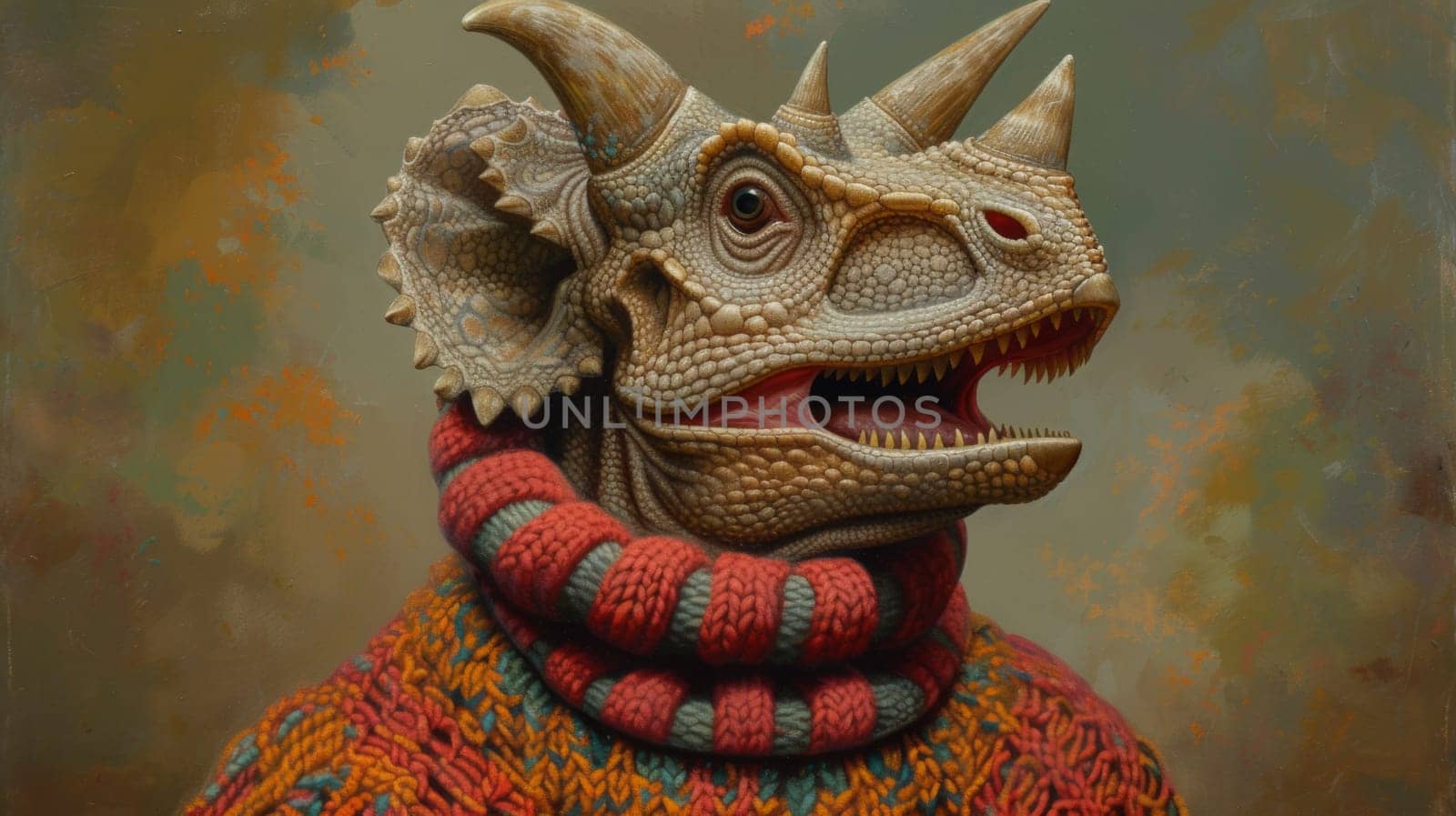 A painting of a dinosaur wearing an ugly sweater