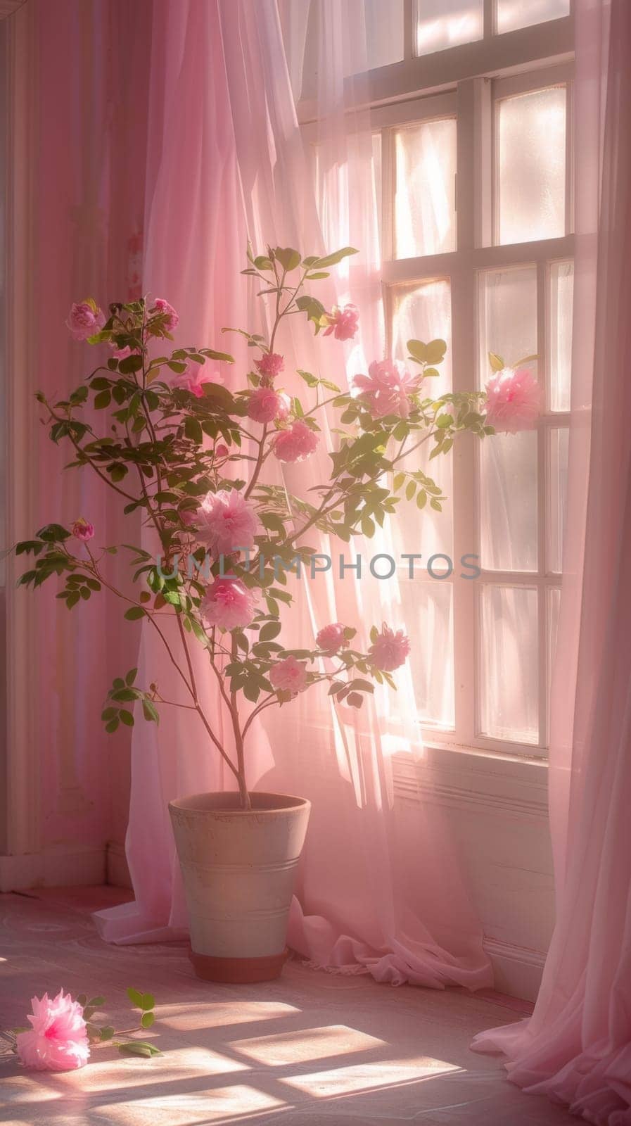 A potted plant with pink flowers in front of a window