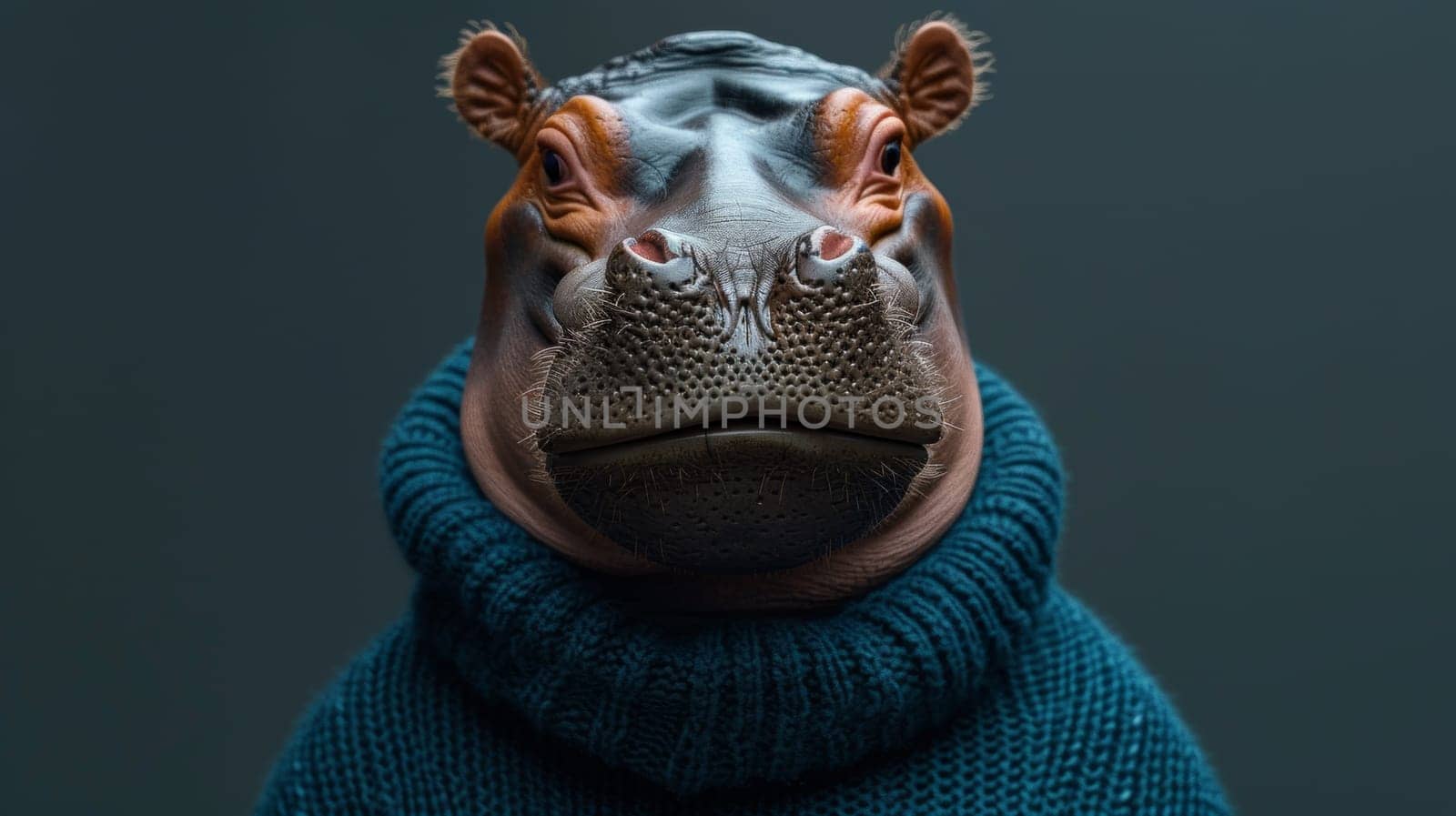 A close up of a hippo wearing an oversized sweater, AI by starush