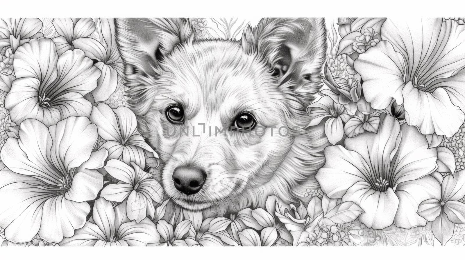 A drawing of a dog surrounded by flowers and leaves
