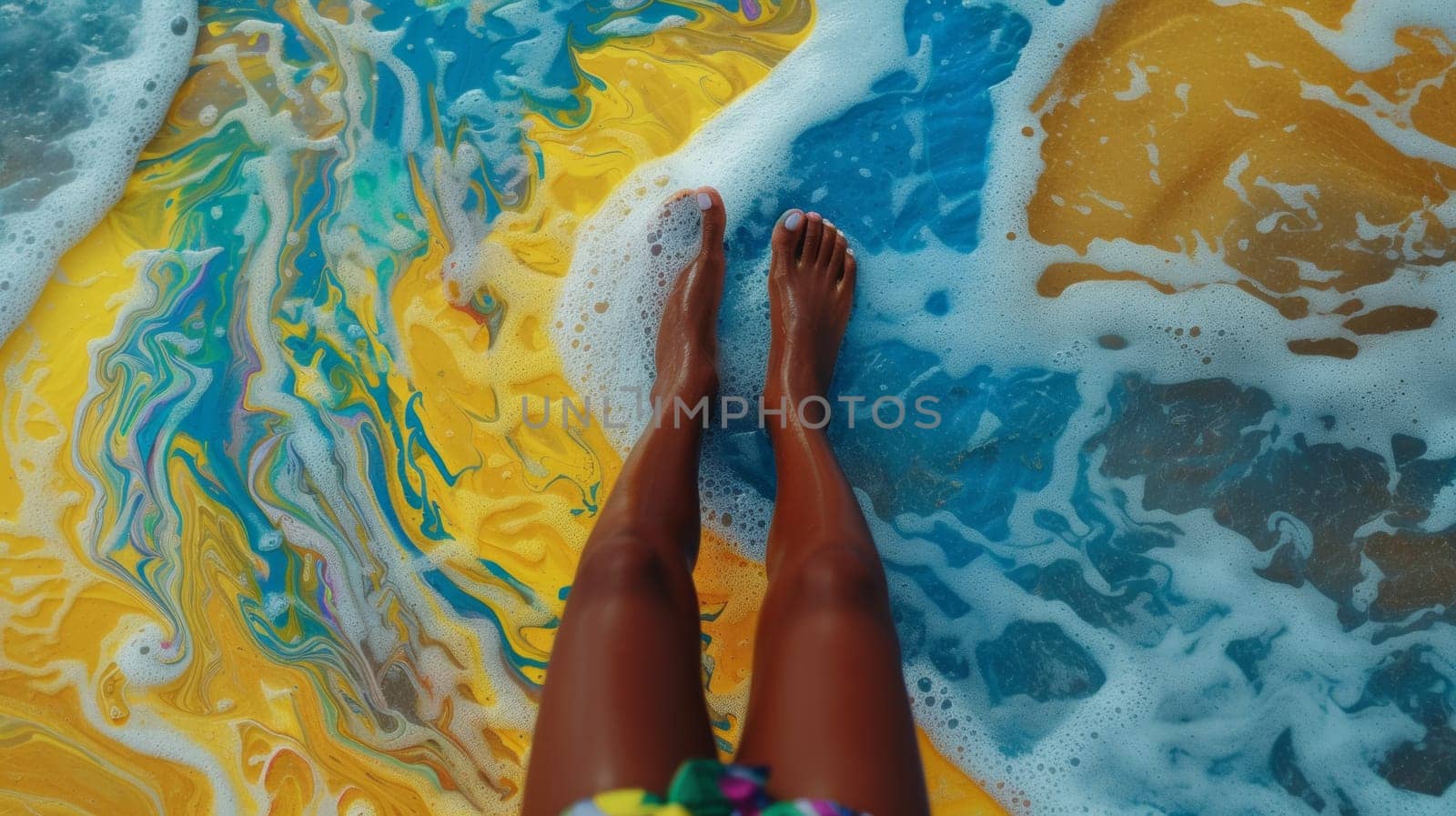 A person standing in a pool of colorful water with their feet