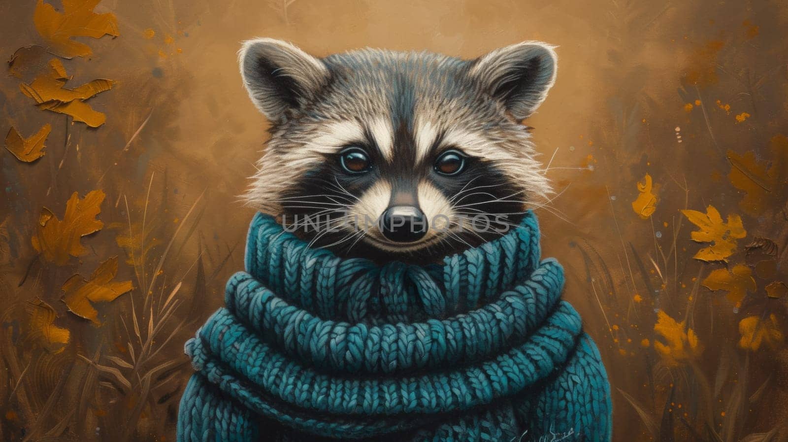 A painting of a raccoon wearing an ugly sweater and scarf, AI by starush