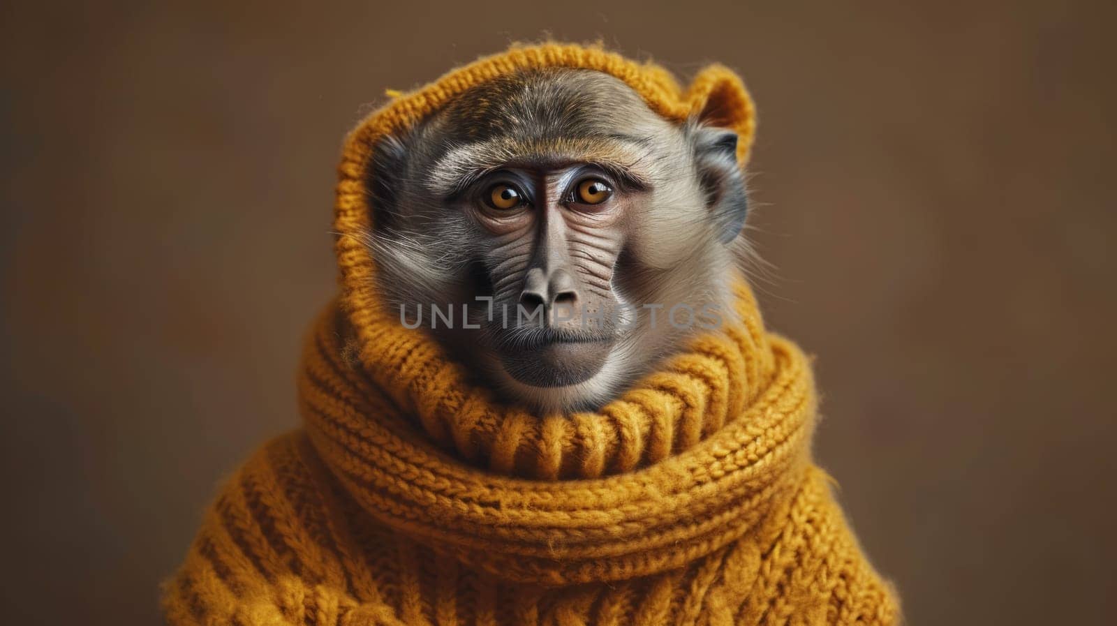 A monkey wearing a yellow sweater with brown fur, AI by starush