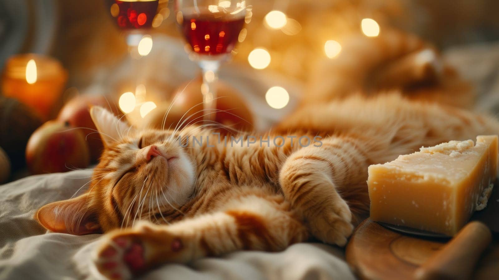 A cat laying on a bed with wine glasses and cheese
