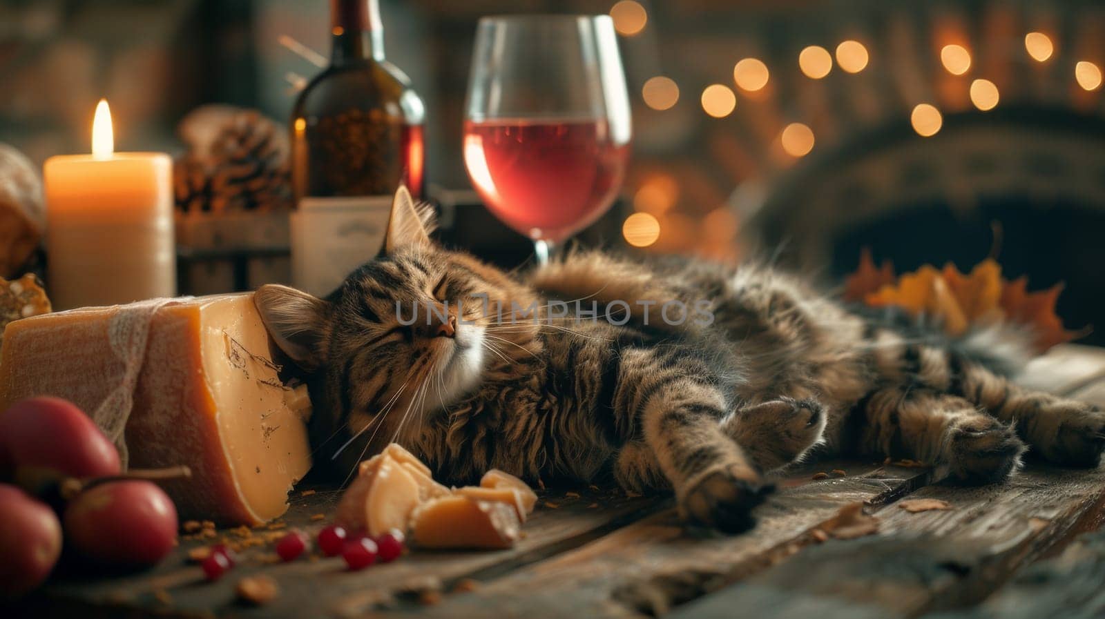 A cat laying on a table next to cheese and wine