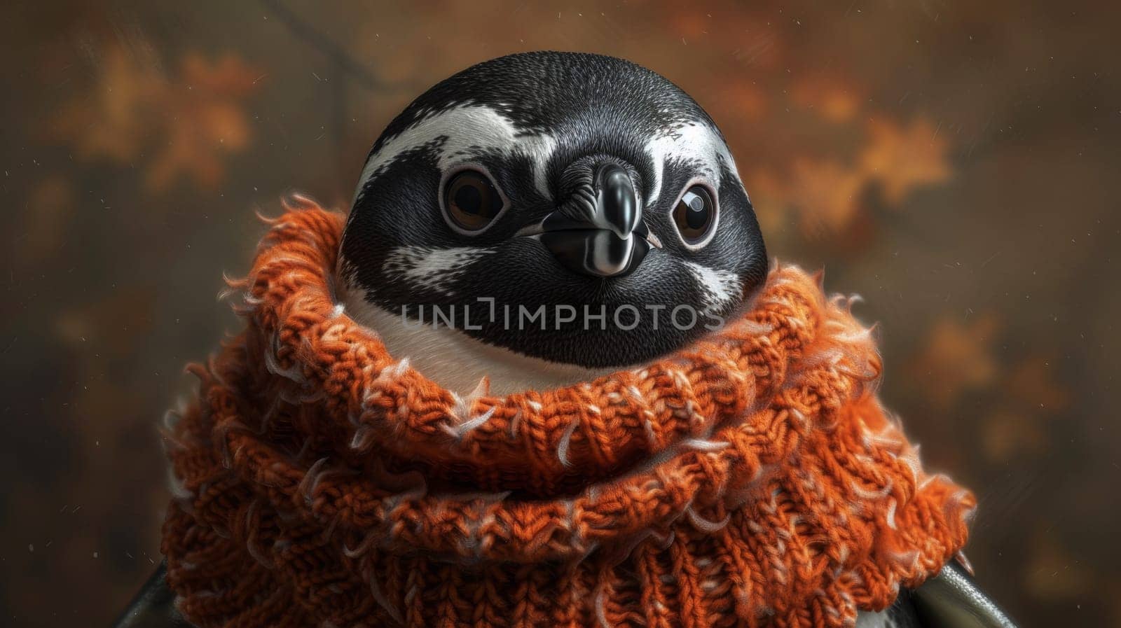 A penguin wearing a scarf and looking at the camera