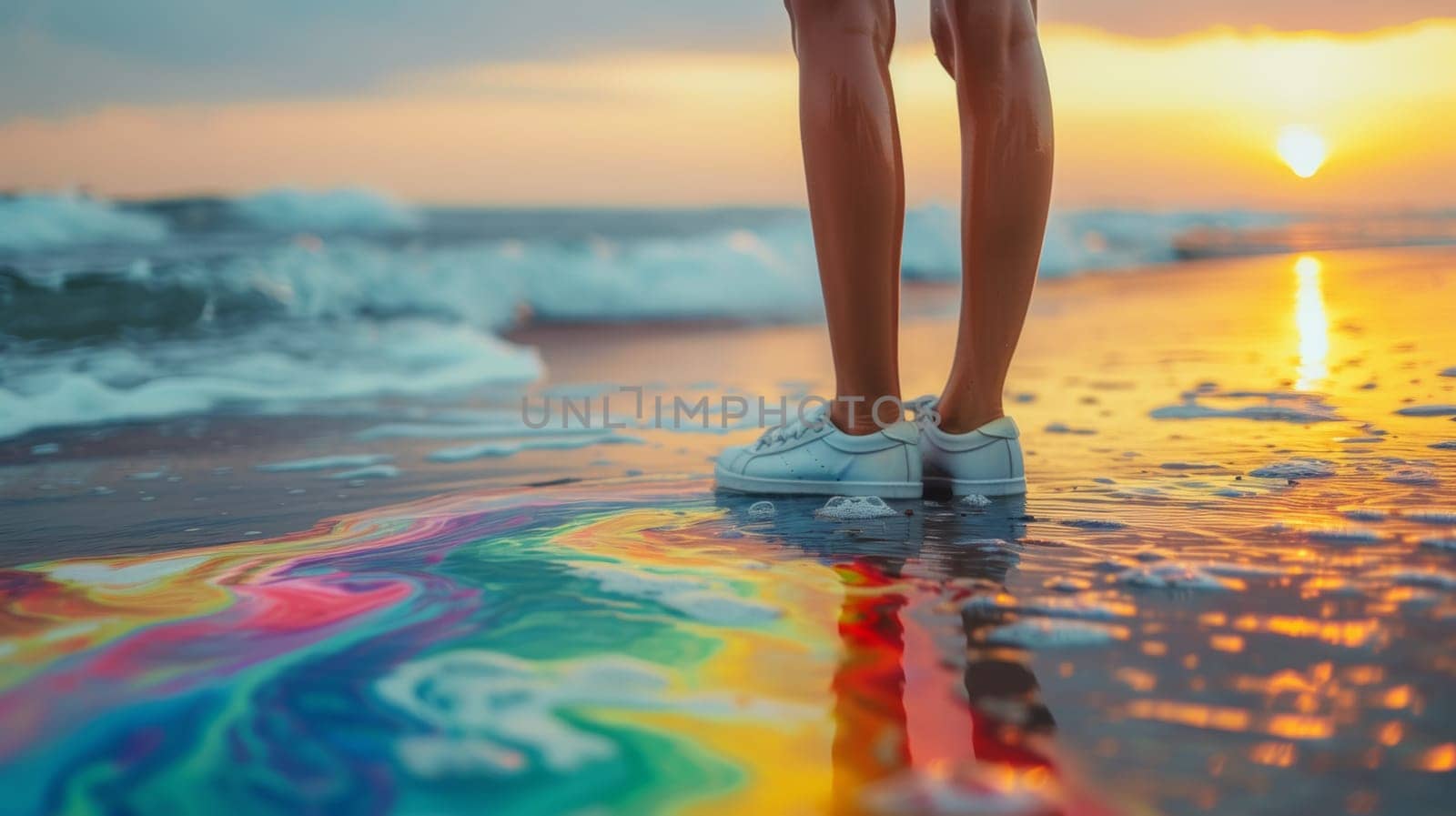 A person standing on a beach with colorful paint splattered all over the sand