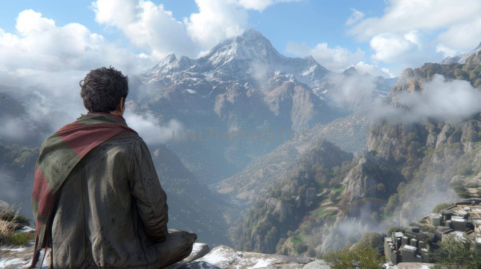 A man sitting on a rock looking at the mountains