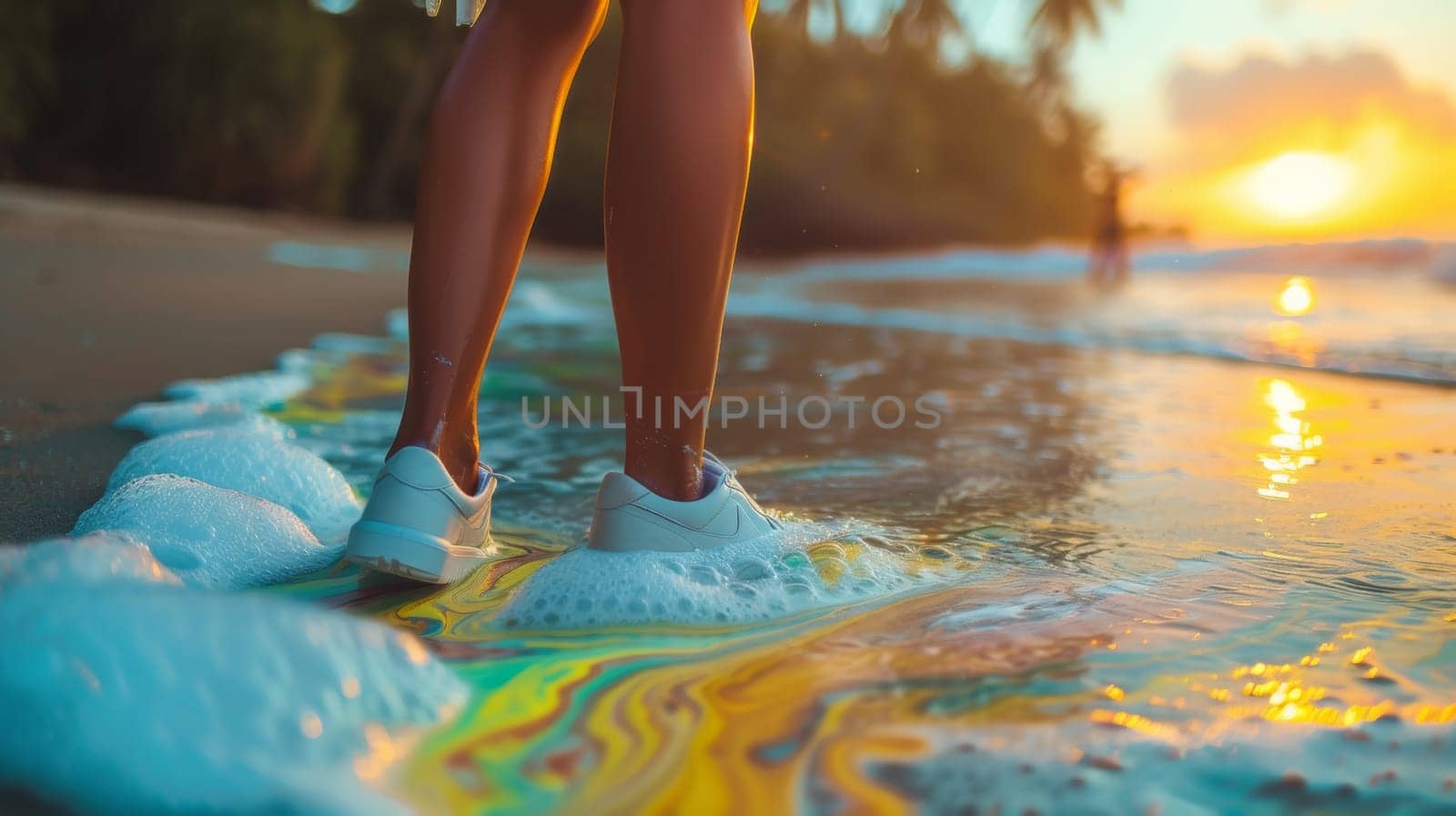 A person standing on a beach with foam and water around them