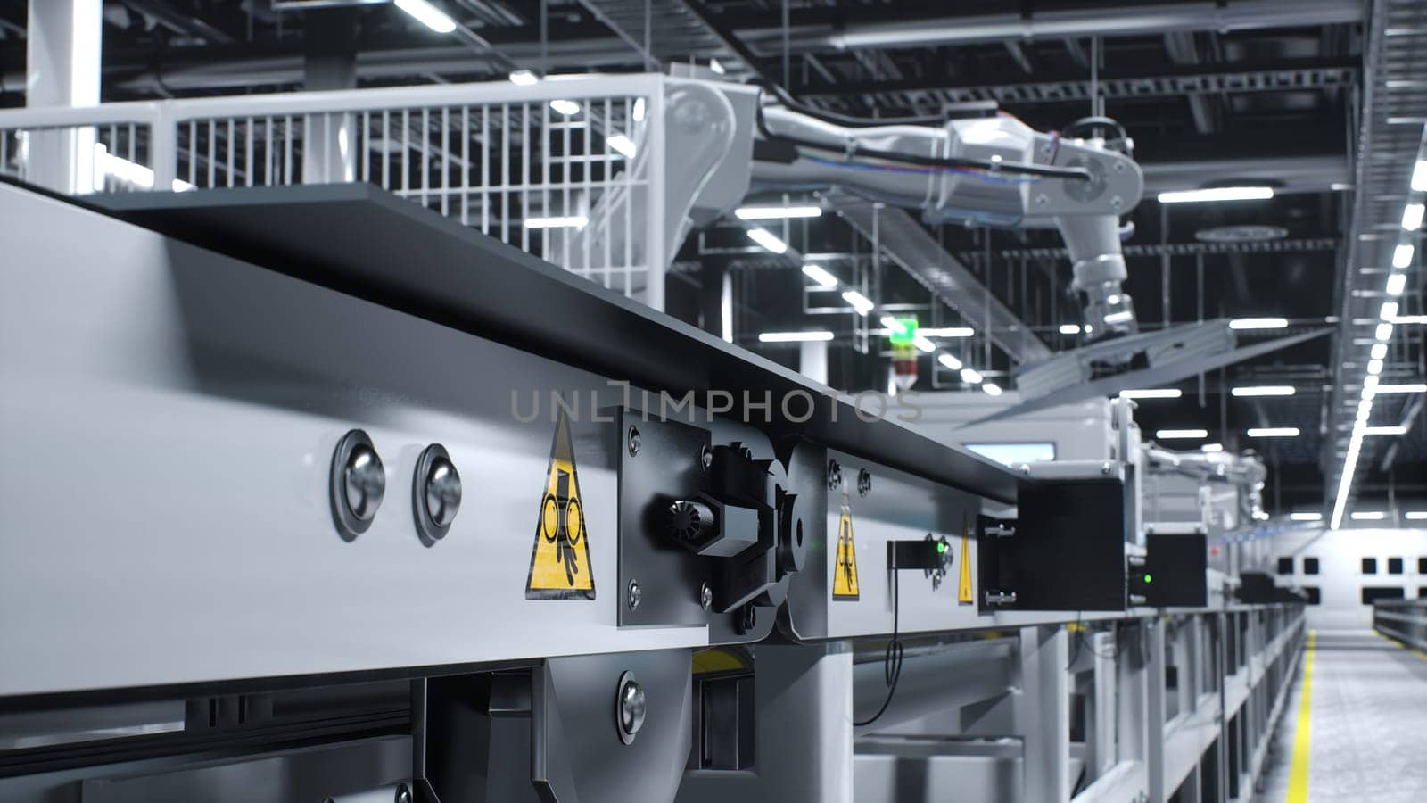 High voltage danger signs on conveyor belts in factory used to produce solar panels, close up shot. Safety measures stickers on production lines in facility manufacturing PV cells, 3D illustration